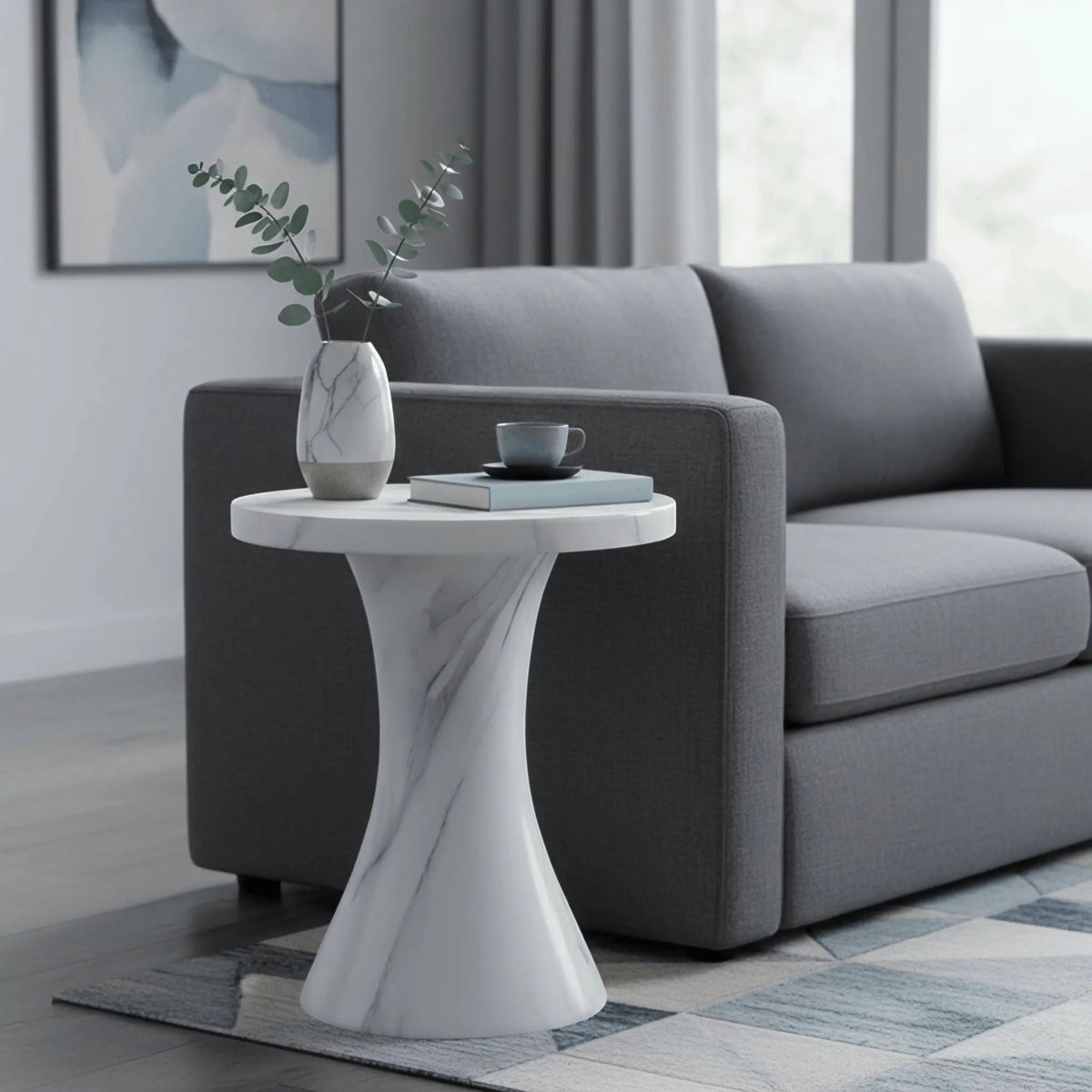 Isidra 19" Round Fiberstone Side Table with Marble - Inspired Finish and Flared Pedestal Base