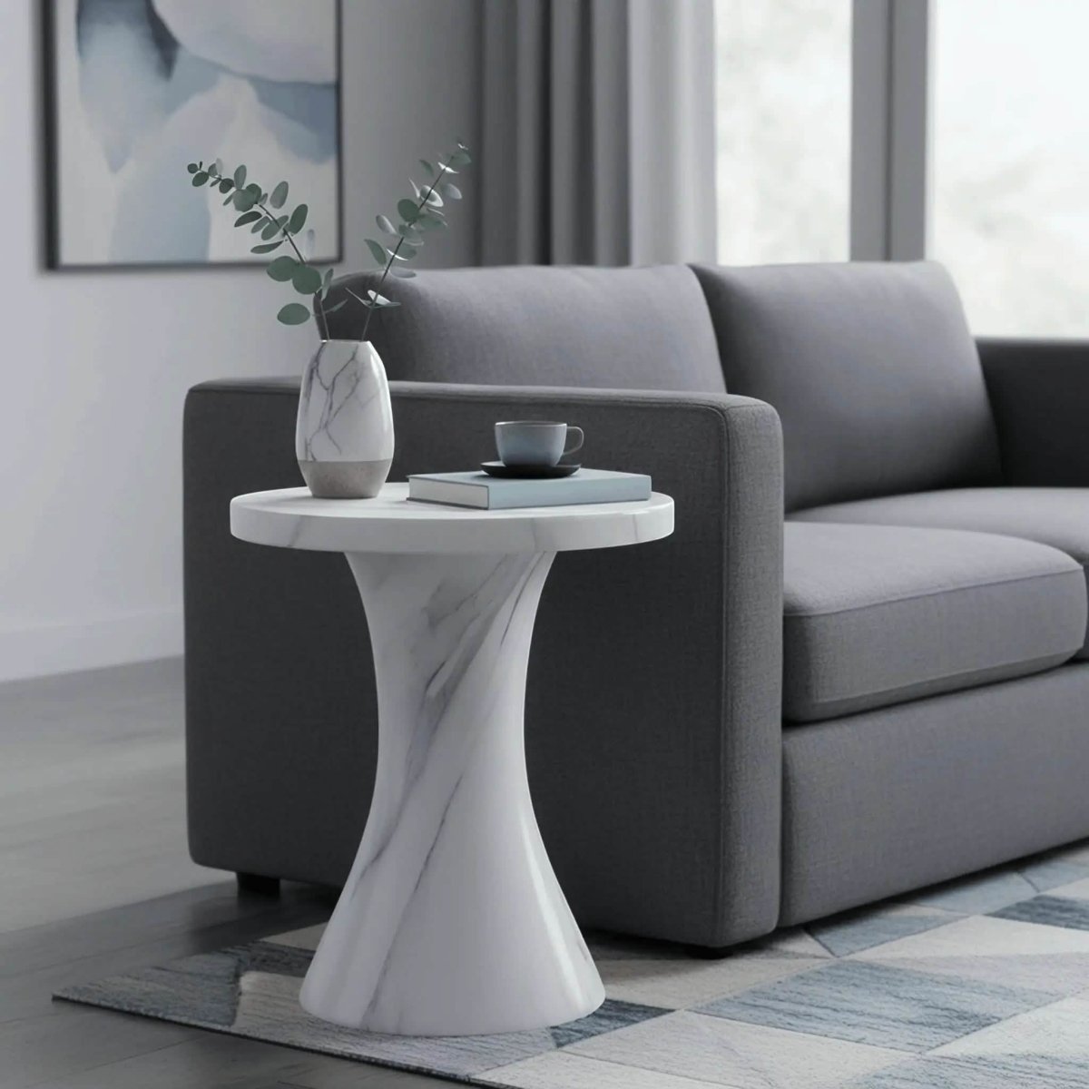 Isidra 19" Round Fiberstone Side Table with Marble - Inspired Finish and Flared Pedestal Base