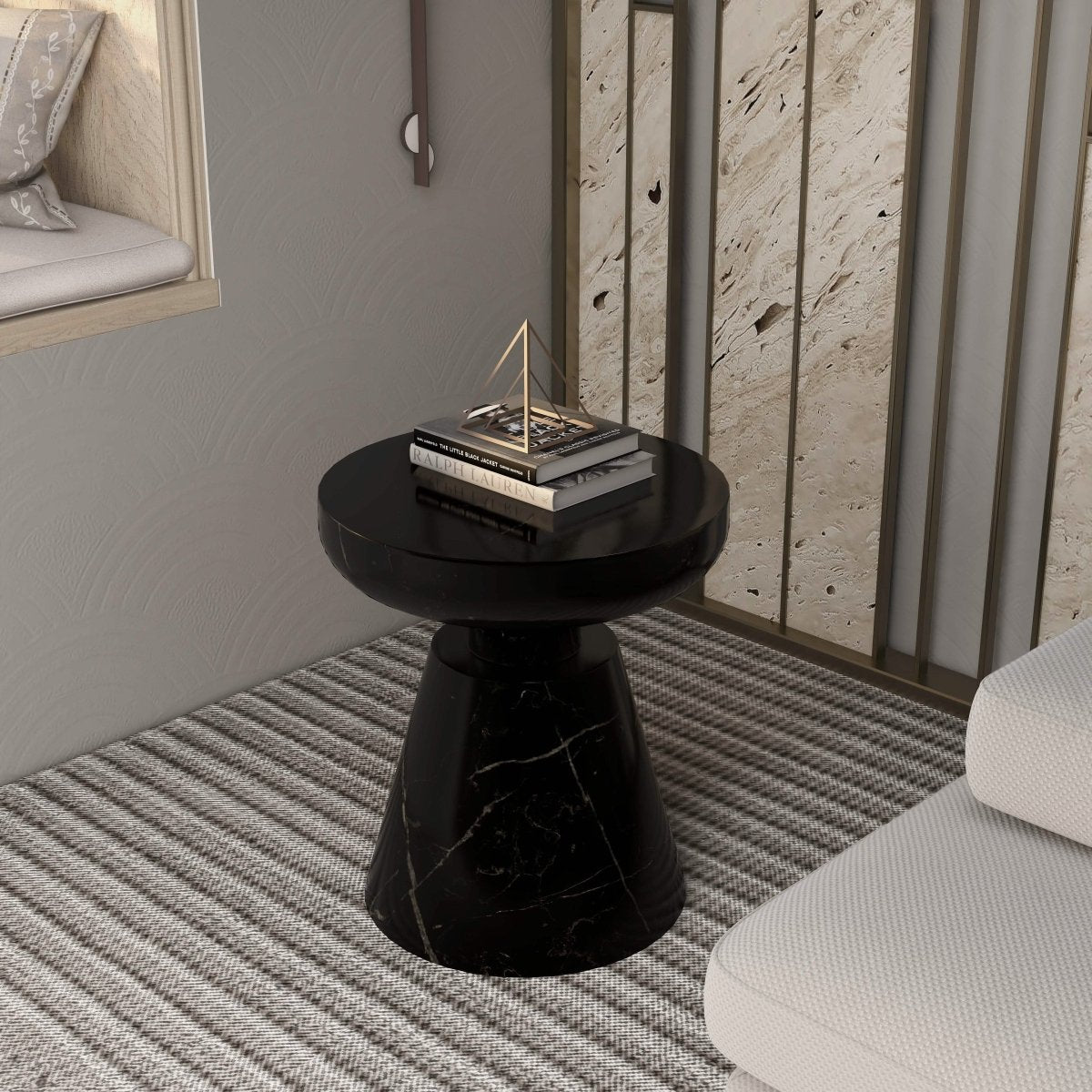 Isle Minimalist Side Table with Round Fiberstone Tabletop Accent Table and Pedestal Base