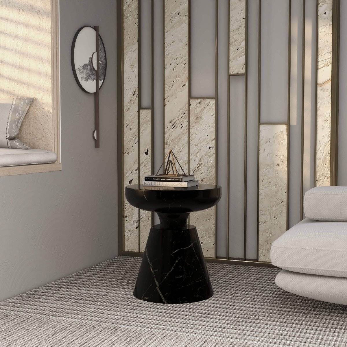 Isle Minimalist Side Table with Round Fiberstone Tabletop Accent Table and Pedestal Base
