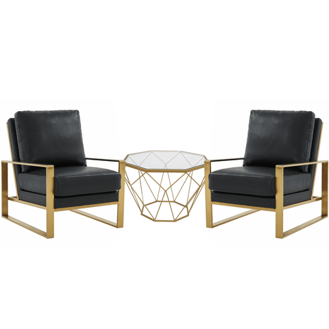 Jefferson Modern Leather Arm Chairs with Gold Frame and Coffee Table with Gold Geometric Base for Living Room