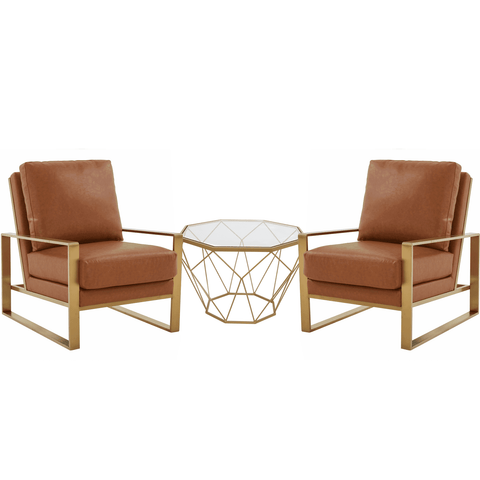 Jefferson Modern Leather Arm Chairs with Gold Frame and Coffee Table with Gold Geometric Base for Living Room