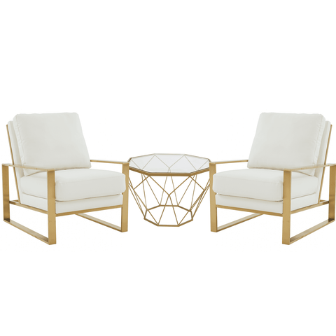 Jefferson Modern Leather Arm Chairs with Gold Frame and Coffee Table with Gold Geometric Base for Living Room