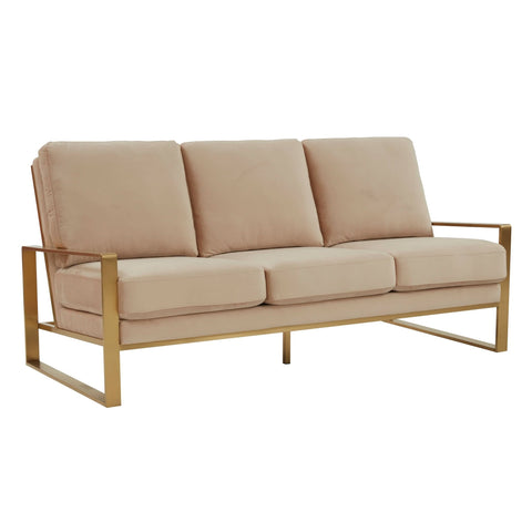 Jefferson 3-Seater Sofa Upholstered in Velvet/Leather with Gold/Silver Steel Base