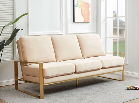 Jefferson 3-Seater Sofa Upholstered in Velvet/Leather with Gold/Silver Steel Base