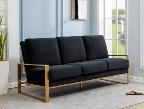 Jefferson 3-Seater Sofa Upholstered in Velvet/Leather with Gold/Silver Steel Base