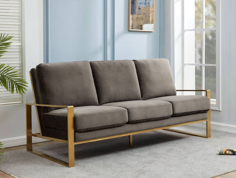 Jefferson 3-Seater Sofa Upholstered in Velvet/Leather with Gold/Silver Steel Base