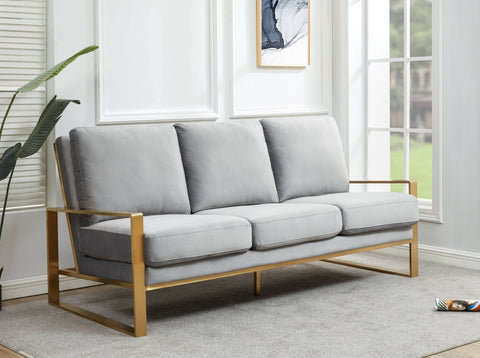 Jefferson 3-Seater Sofa Upholstered in Velvet/Leather with Gold/Silver Steel Base