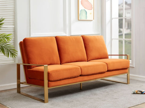 Jefferson 3-Seater Sofa Upholstered in Velvet/Leather with Gold/Silver Steel Base
