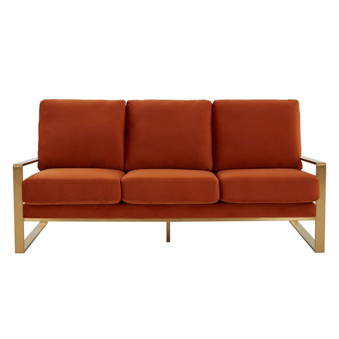 Jefferson 3-Seater Sofa Upholstered in Velvet/Leather with Gold/Silver Steel Base