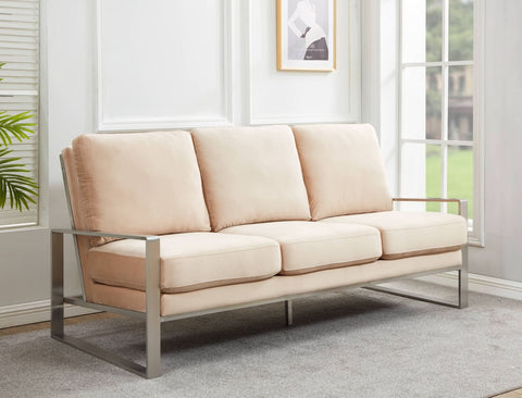 Jefferson 3-Seater Sofa Upholstered in Velvet/Leather with Gold/Silver Steel Base