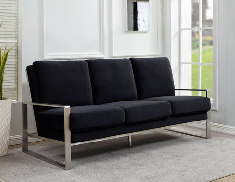 Jefferson 3-Seater Sofa Upholstered in Velvet/Leather with Gold/Silver Steel Base