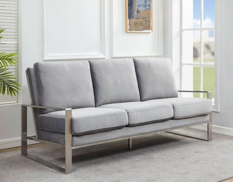 Jefferson 3-Seater Sofa Upholstered in Velvet/Leather with Gold/Silver Steel Base