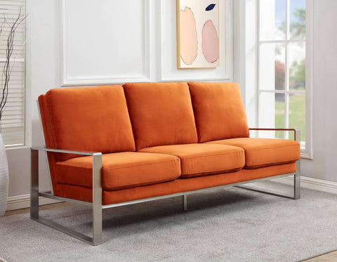 Jefferson 3-Seater Sofa Upholstered in Velvet/Leather with Gold/Silver Steel Base