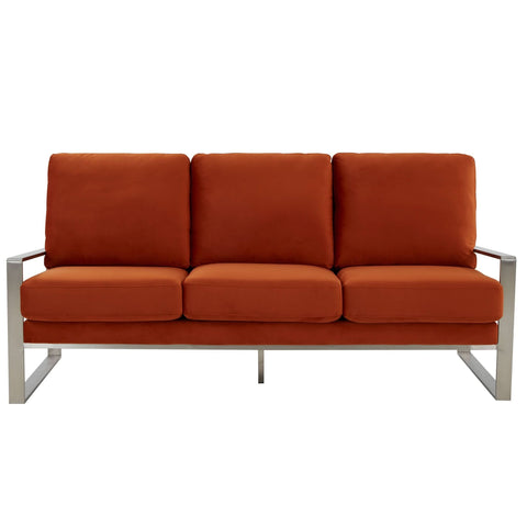 Jefferson 3-Seater Sofa Upholstered in Velvet/Leather with Gold/Silver Steel Base