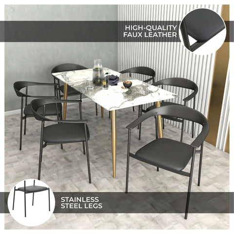 Kora Dining Chair Upholstered in Leather with Stainless Steel Frame and Legs