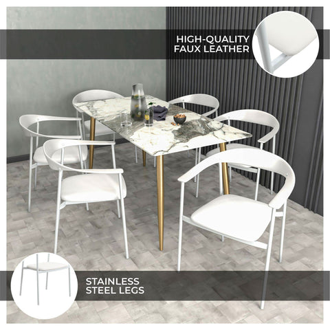 Kora Dining Chair Upholstered in Leather with Stainless Steel Frame and Legs
