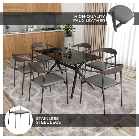 Kora Dining Chair Upholstered in Leather with Stainless Steel Frame and Legs