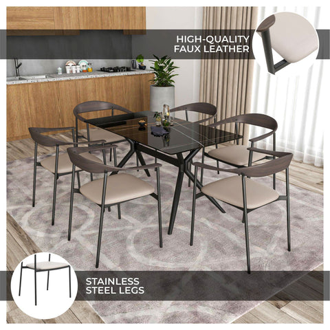 Kora Dining Chair Upholstered in Leather with Stainless Steel Frame and Legs