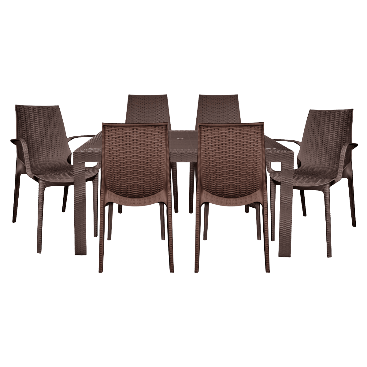 Kent Mid - Century 7 - Piece Outdoor Dining Set: 4 Side Chairs & 2 Armchairs