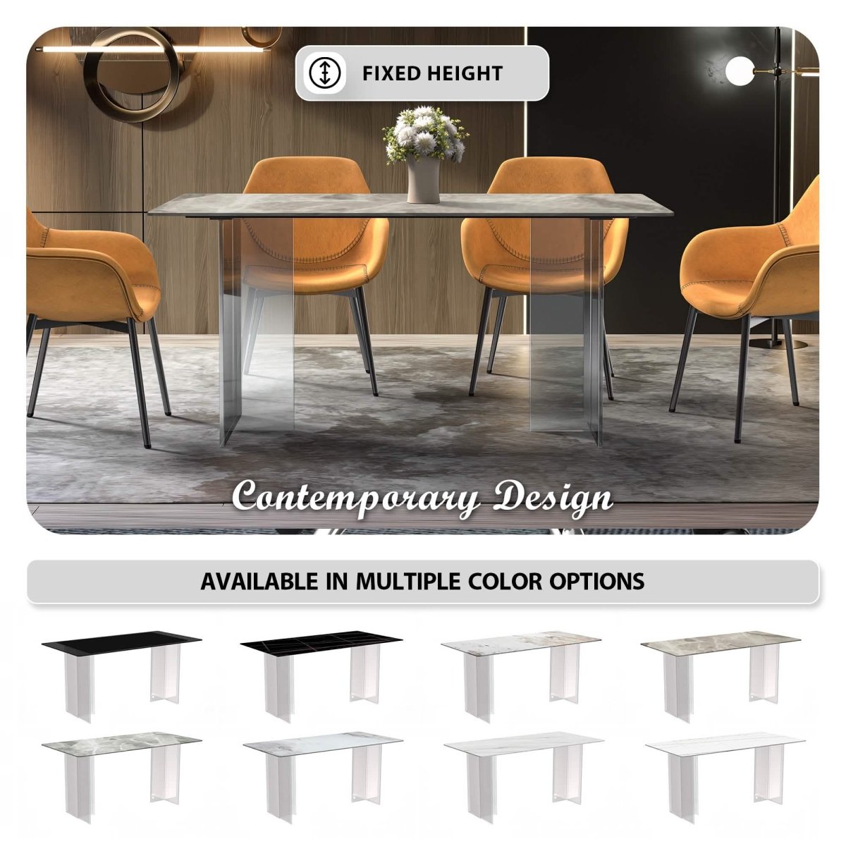 Kova Rectangular Dining Table with Sintered Stone/Glass Top and Acrylic Base Legs