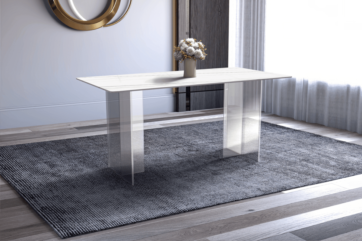 Kova Rectangular Dining Table with Sintered Stone/Glass Top and Acrylic Base Legs