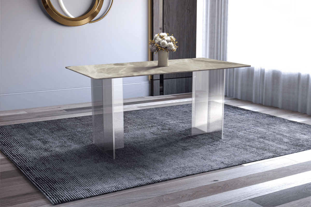 Kova Rectangular Dining Table with Sintered Stone/Glass Top and Acrylic Base Legs