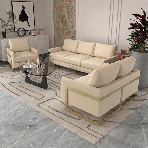 Lincoln 3-Piece Sofa Set Upholstered in Leather/Velvet Accent Chair with Gold Stainless Steel Frame