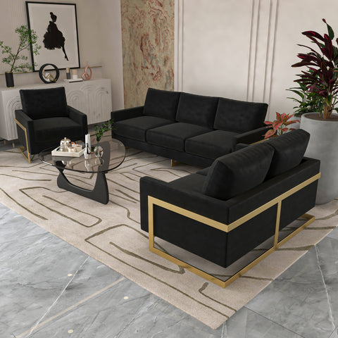 Lincoln 3-Piece Sofa Set Upholstered in Leather/Velvet Accent Chair with Gold Stainless Steel Frame