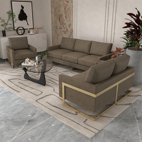 Lincoln 3-Piece Sofa Set Upholstered in Leather/Velvet Accent Chair with Gold Stainless Steel Frame