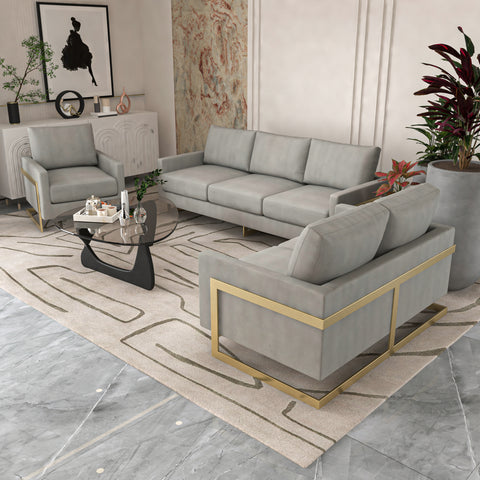 Lincoln 3-Piece Sofa Set Upholstered in Leather/Velvet Accent Chair with Gold Stainless Steel Frame