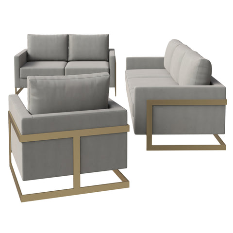 Lincoln 3-Piece Sofa Set Upholstered in Leather/Velvet Accent Chair with Gold Stainless Steel Frame