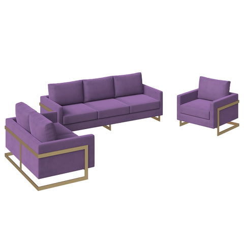 Lincoln 3-Piece Sofa Set Upholstered in Leather/Velvet Accent Chair with Gold Stainless Steel Frame