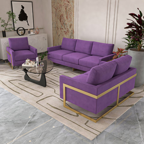 Lincoln 3-Piece Sofa Set Upholstered in Leather/Velvet Accent Chair with Gold Stainless Steel Frame