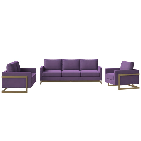 Lincoln 3-Piece Sofa Set Upholstered in Leather/Velvet Accent Chair with Gold Stainless Steel Frame