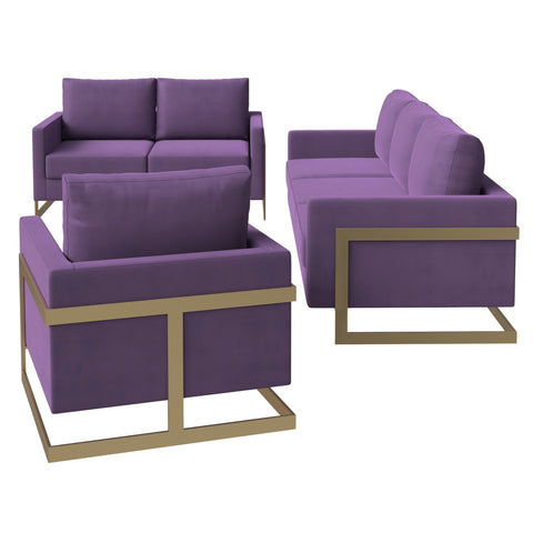 Lincoln 3-Piece Sofa Set Upholstered in Leather/Velvet Accent Chair with Gold Stainless Steel Frame