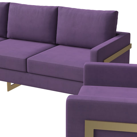 Lincoln 3-Piece Sofa Set Upholstered in Leather/Velvet Accent Chair with Gold Stainless Steel Frame
