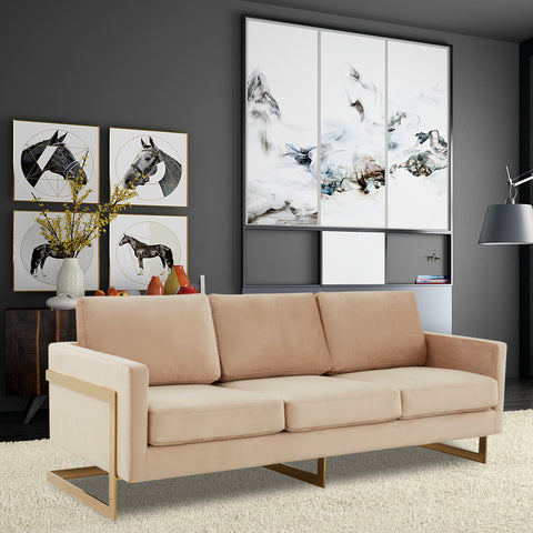 Lincoln 3-Seater Sofa Upholstered in Velvet/Leather with Black/Silver/Gold Steel Base
