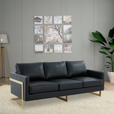 Lincoln 3-Seater Sofa Upholstered in Velvet/Leather with Black/Silver/Gold Steel Base