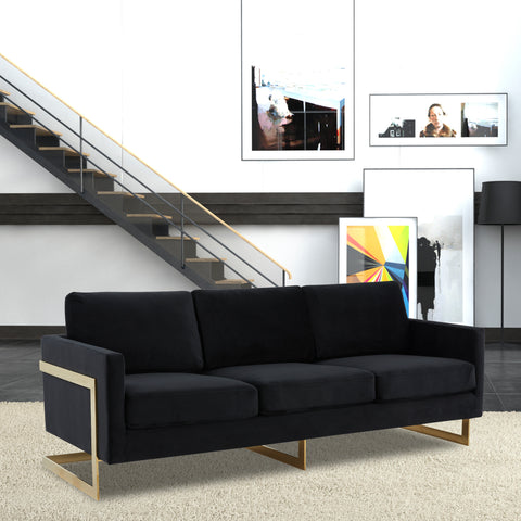 Lincoln 3-Seater Sofa Upholstered in Velvet/Leather with Black/Silver/Gold Steel Base