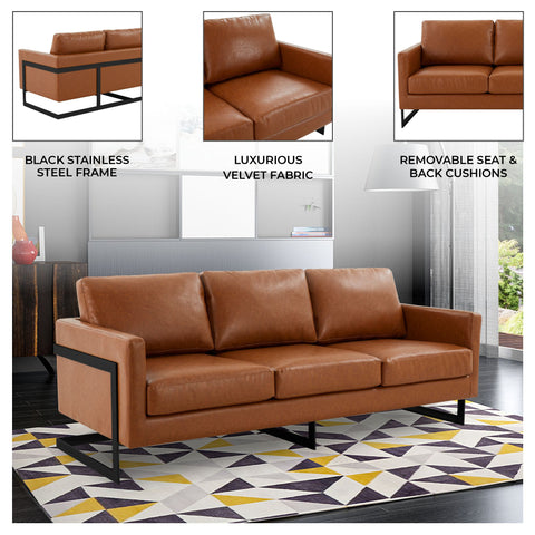 Lincoln 3-Seater Sofa Upholstered in Velvet/Leather with Black/Silver/Gold Steel Base