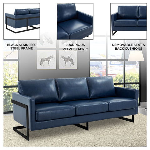 Lincoln 3-Seater Sofa Upholstered in Velvet/Leather with Black/Silver/Gold Steel Base