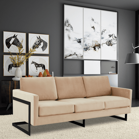 Lincoln 3-Seater Sofa Upholstered in Velvet/Leather with Black/Silver/Gold Steel Base