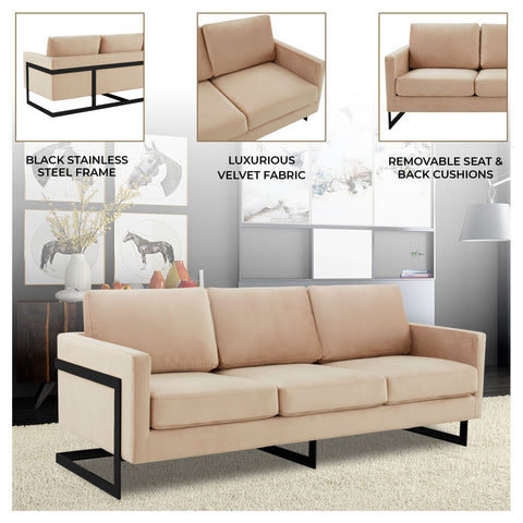Lincoln 3-Seater Sofa Upholstered in Velvet/Leather with Black/Silver/Gold Steel Base