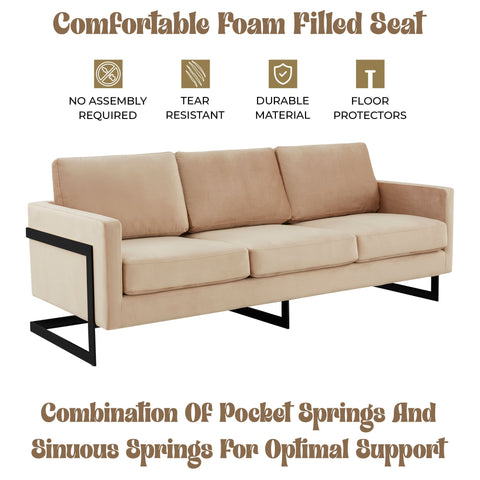 Lincoln 3-Seater Sofa Upholstered in Velvet/Leather with Black/Silver/Gold Steel Base