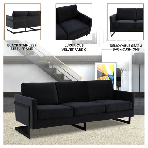 Lincoln 3-Seater Sofa Upholstered in Velvet/Leather with Black/Silver/Gold Steel Base