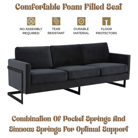 Lincoln 3-Seater Sofa Upholstered in Velvet/Leather with Black/Silver/Gold Steel Base