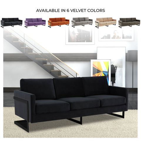 Lincoln 3-Seater Sofa Upholstered in Velvet/Leather with Black/Silver/Gold Steel Base