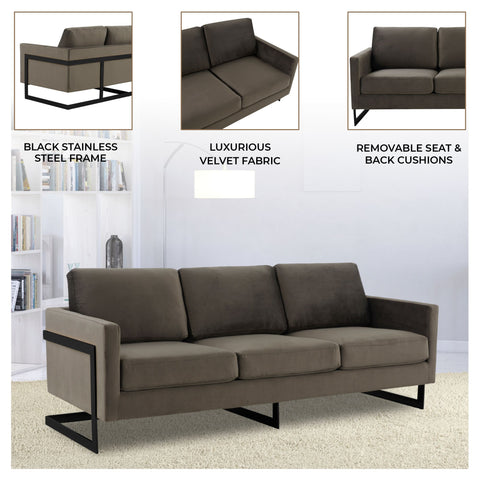 Lincoln 3-Seater Sofa Upholstered in Velvet/Leather with Black/Silver/Gold Steel Base