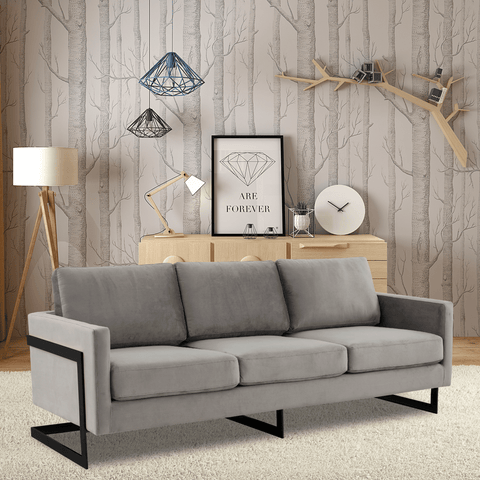 Lincoln 3-Seater Sofa Upholstered in Velvet/Leather with Black/Silver/Gold Steel Base